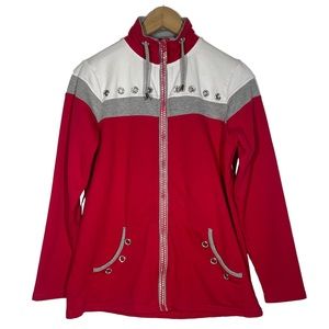 Red and White Rhinestone Bling Zip Up Jacket Drawstrings Small Quacker Factory